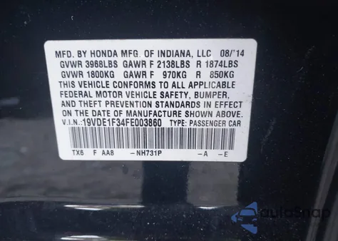 2015 Acura Ilx 2.0L из США, поврежденный, VIN 19VDE1F34FE003860